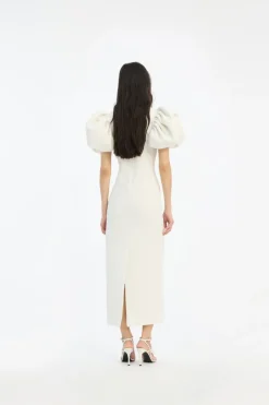 Bridal|Midi Dresses-ROTATE Birger Christensen Jacquard Midi Puffy Dress Egret White Egret color