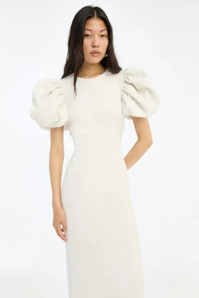 Bridal|Midi Dresses-ROTATE Birger Christensen Jacquard Midi Puffy Dress Egret White Egret color