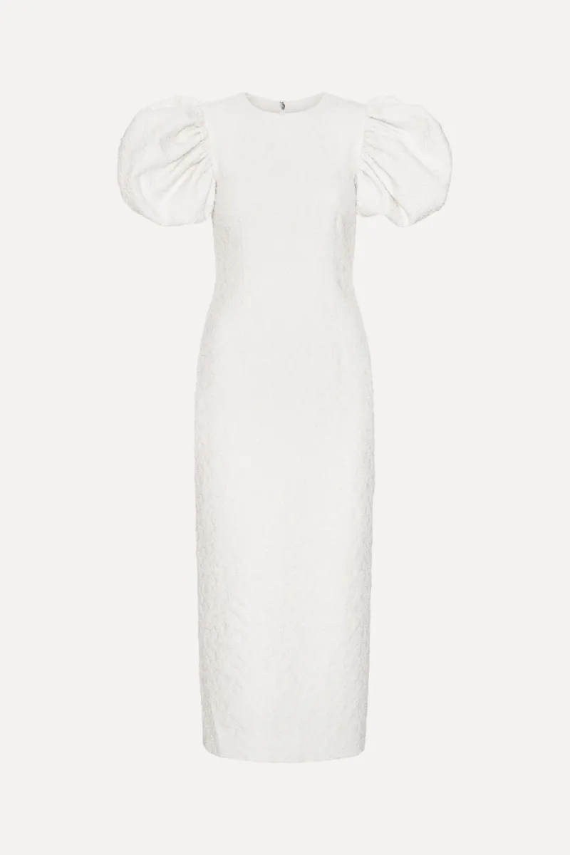 Bridal|Midi Dresses-ROTATE Birger Christensen Jacquard Midi Puffy Dress Egret White Egret color