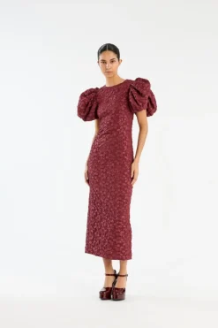 Midi Dresses|Dresses-ROTATE Birger Christensen Jacquard Midi Puffy Dress Burgundy Zinfandelcolor