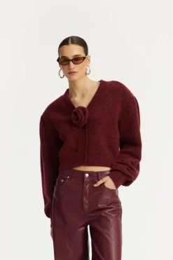 Knitwear|Tops-ROTATE Birger Christensen Knit Puffsleeve Cardigan Bordeaux Zinfandelcolor
