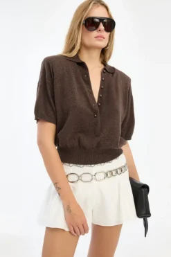 Tops-ROTATE Birger Christensen Knitted Polo Dark Brown Potting Soil color