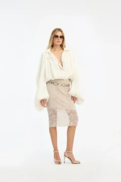 Skirts-ROTATE Birger Christensen Lace Midi Pencil Skirt Cream Pumice Stone color