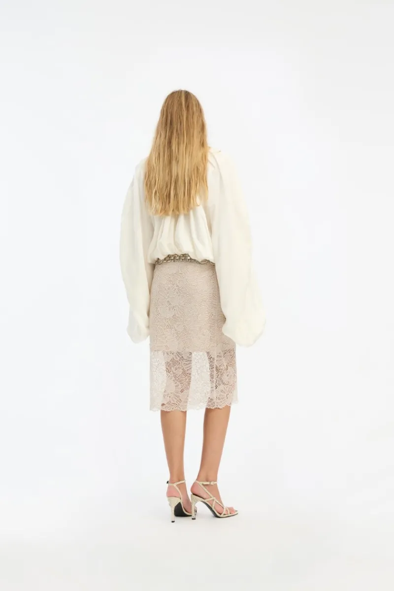Skirts-ROTATE Birger Christensen Lace Midi Pencil Skirt Cream Pumice Stone color