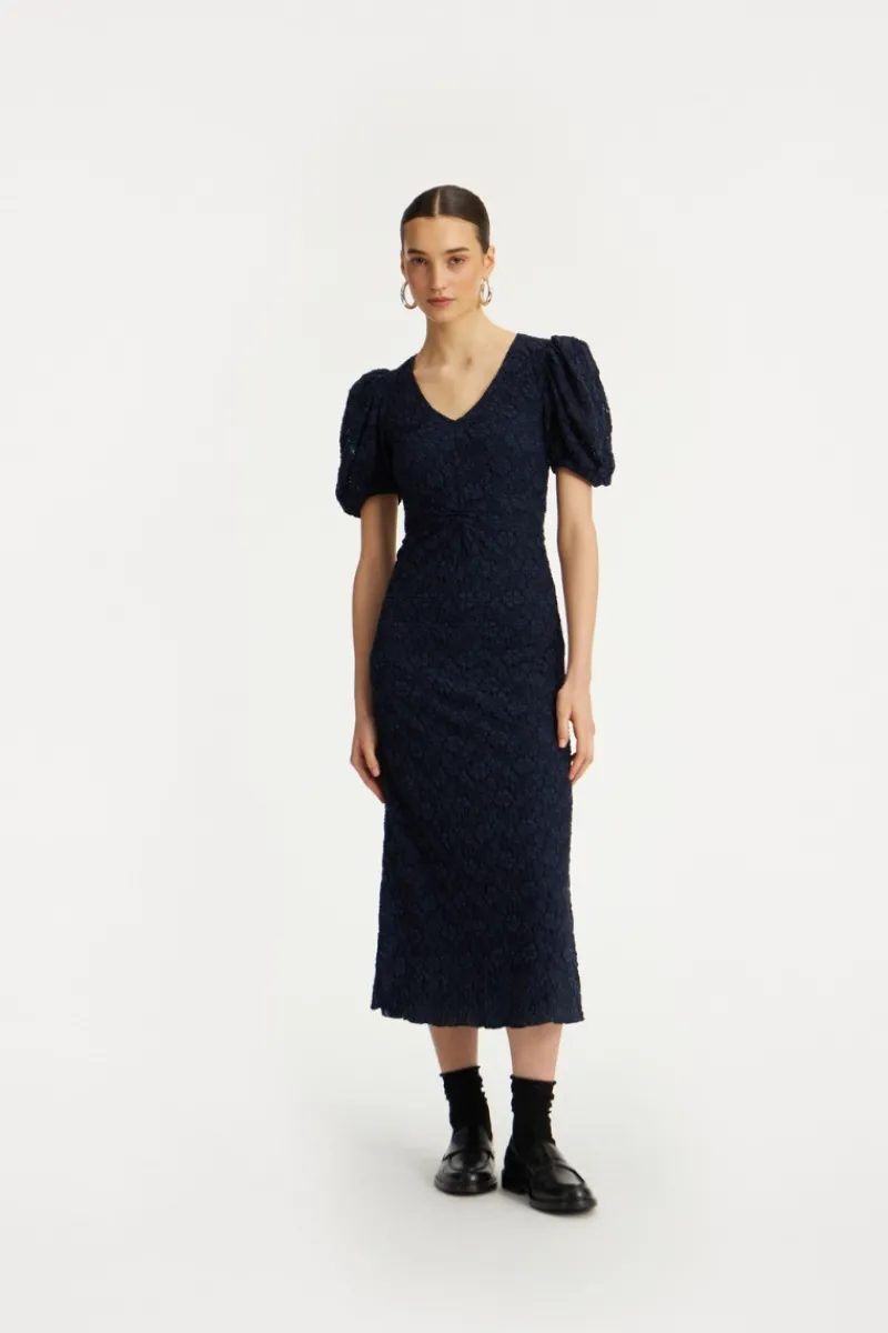 Midi Dresses|Dresses-ROTATE Birger Christensen Lace Puff Sleeve Dress Dark Blue Navy Blazer color