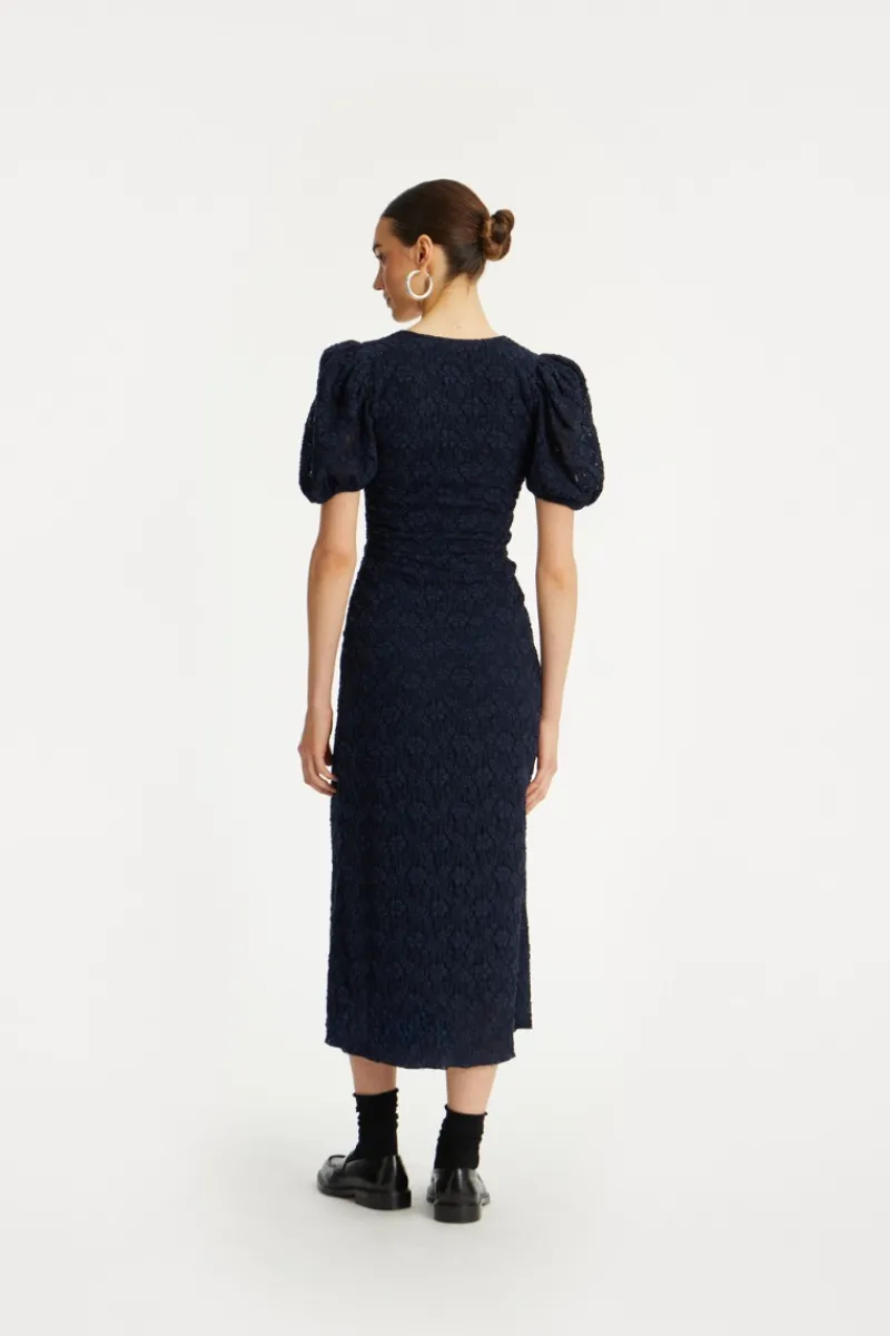Midi Dresses|Dresses-ROTATE Birger Christensen Lace Puff Sleeve Dress Dark Blue Navy Blazer color