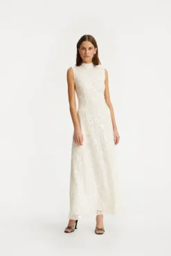 Bridal|Sequins-ROTATE Birger Christensen Lace Sequin Maxi Dress Creme White Egret color