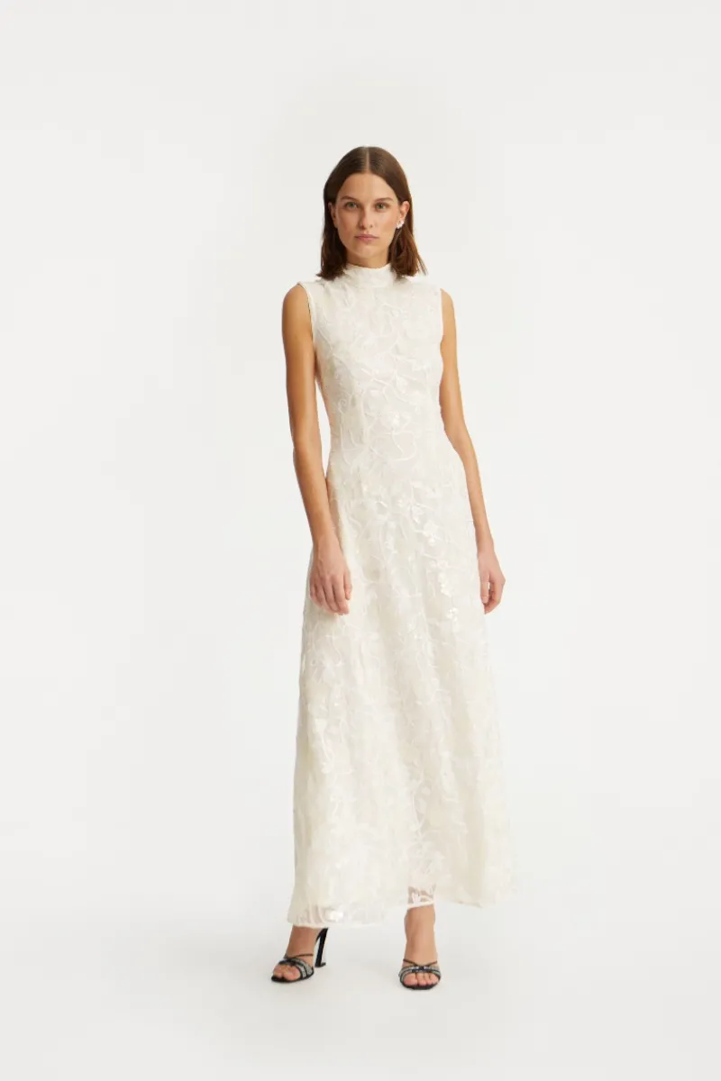 Bridal|Sequins-ROTATE Birger Christensen Lace Sequin Maxi Dress Creme White Egret color