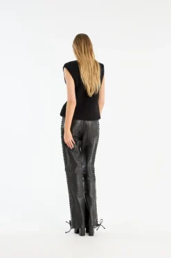 Pants-ROTATE Birger Christensen Laced Leather Pants Black Black color