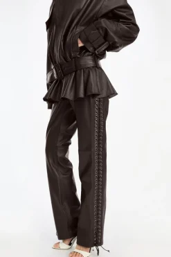 Pants-ROTATE Birger Christensen Laced Leather Pants Dark Brown Molé color