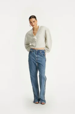 Pants-ROTATE Birger Christensen Laced Straight Leg Jeans Blue Denim Vintage Blue, Denim color