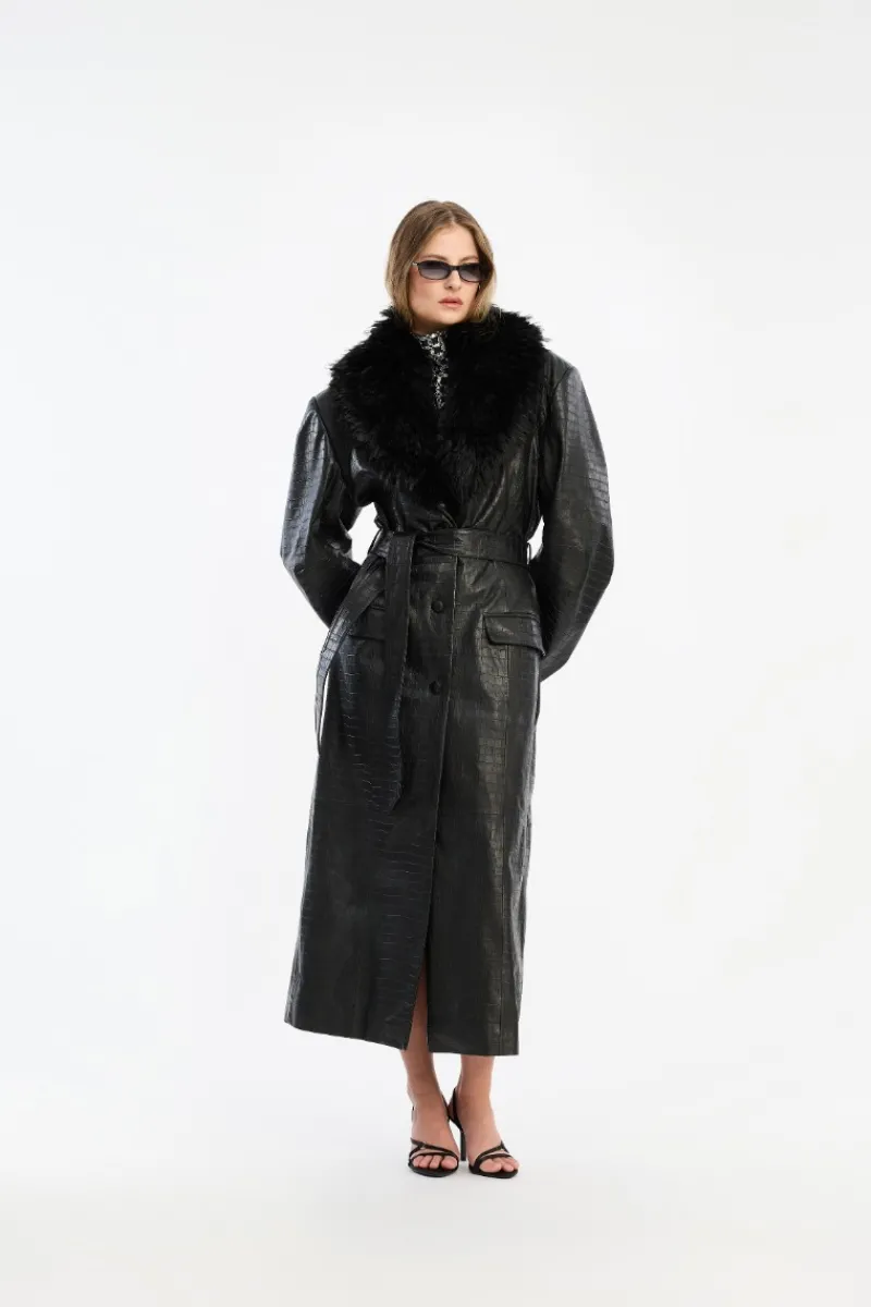 Outerwear-ROTATE Birger Christensen Leather Coat Faux Fur Collar Black Black color