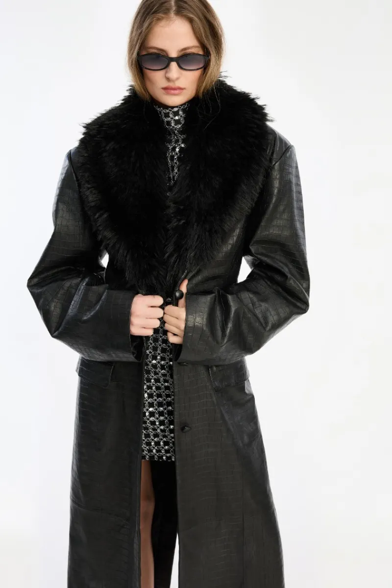 Outerwear-ROTATE Birger Christensen Leather Coat Faux Fur Collar Black Black color