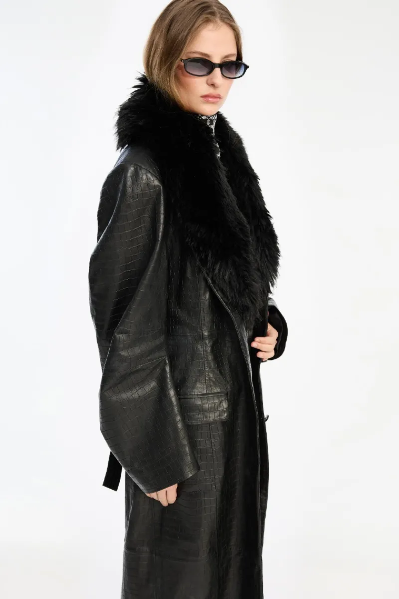 Outerwear-ROTATE Birger Christensen Leather Coat Faux Fur Collar Black Black color