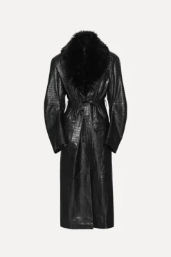 Outerwear-ROTATE Birger Christensen Leather Coat Faux Fur Collar Black Black color