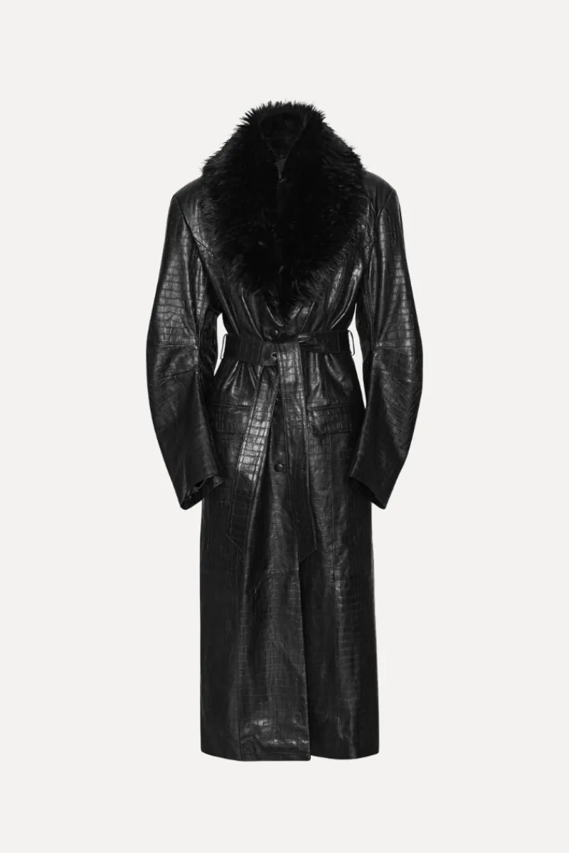 Outerwear-ROTATE Birger Christensen Leather Coat Faux Fur Collar Black Black color