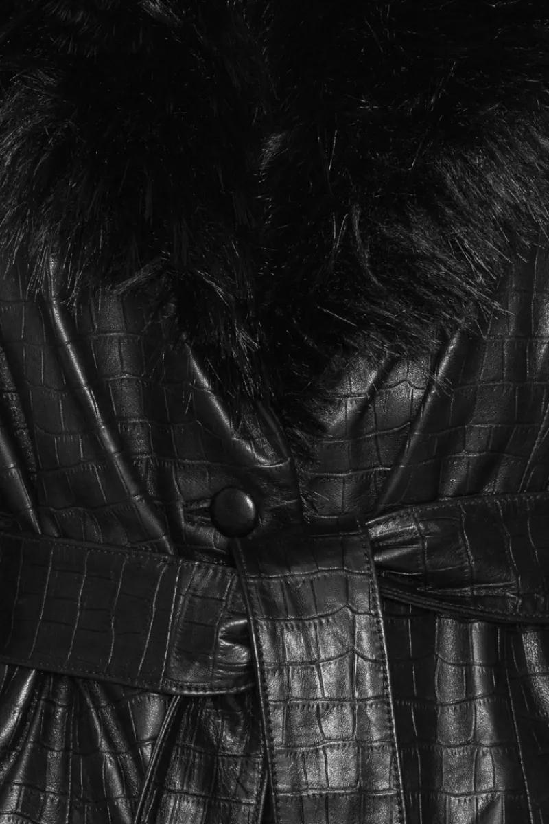 Outerwear-ROTATE Birger Christensen Leather Coat Faux Fur Collar Black Black color