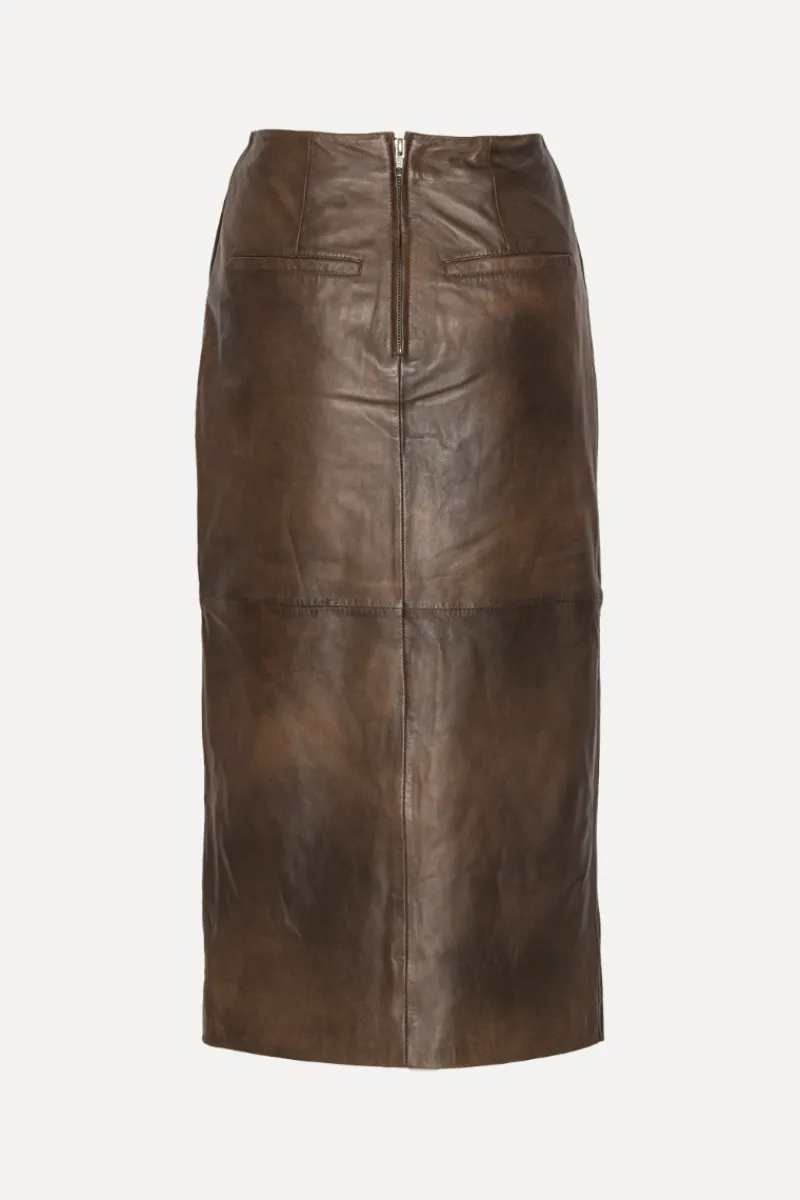 Skirts-ROTATE Birger Christensen Leather Midi Pencil Skirt Dark Brown Potting Soil color