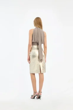 Skirts-ROTATE Birger Christensen Leather Midi Pencil Skirt Gold Gold color