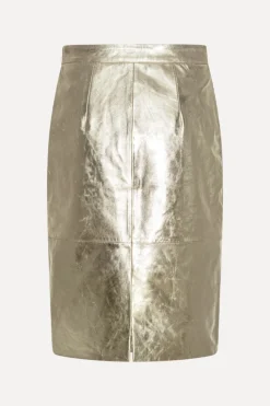 Skirts-ROTATE Birger Christensen Leather Midi Pencil Skirt Gold Gold color