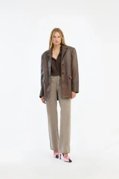 Outerwear-ROTATE Birger Christensen Leather Oversized Blazer Dark Brown Potting Soil color