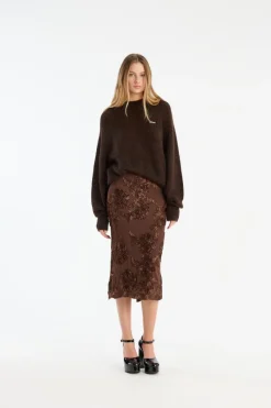Knitwear|Tops-ROTATE Birger Christensen Light Knit Logo Sweater Dark Brown CHICORY COFFEE color