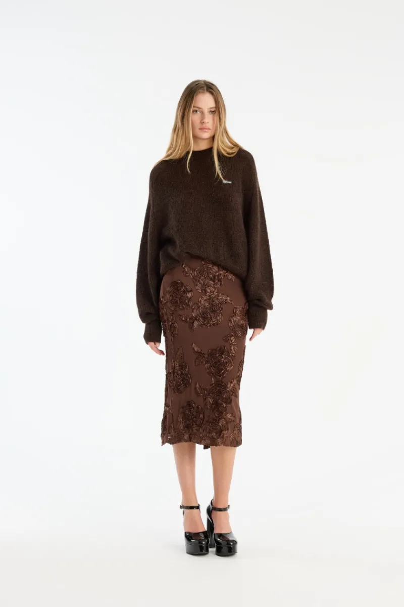 Knitwear|Tops-ROTATE Birger Christensen Light Knit Logo Sweater Dark Brown CHICORY COFFEE color