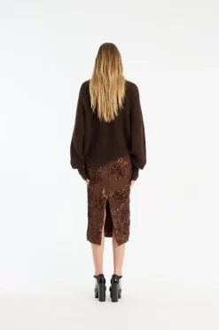 Knitwear|Tops-ROTATE Birger Christensen Light Knit Logo Sweater Dark Brown CHICORY COFFEE color