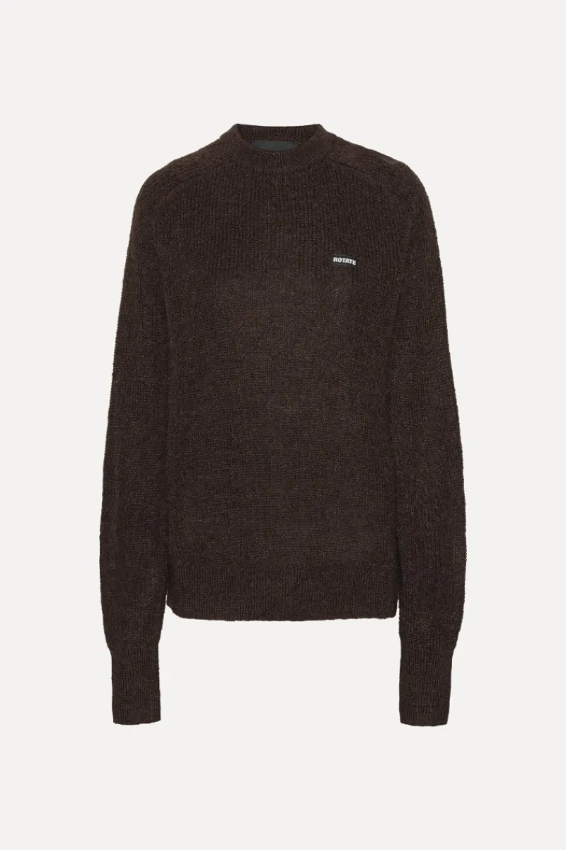 Knitwear|Tops-ROTATE Birger Christensen Light Knit Logo Sweater Dark Brown CHICORY COFFEE color