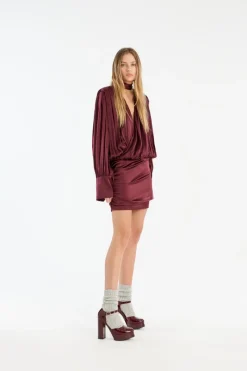 Mini Dresses|Dresses-ROTATE Birger Christensen Ls Silk V-neck Dress Burgundy Zinfandelcolor