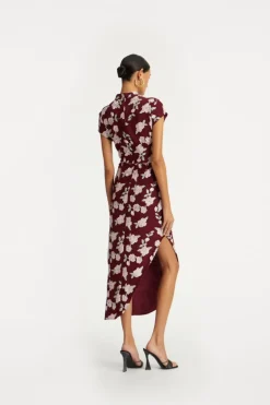 Midi Dresses|Dresses-ROTATE Birger Christensen Mesh Asymmetric Dress Bordeaux Flower Print Zinfandel Comb.color