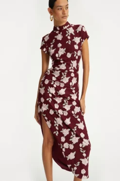 Midi Dresses|Dresses-ROTATE Birger Christensen Mesh Asymmetric Dress Bordeaux Flower Print Zinfandel Comb.color