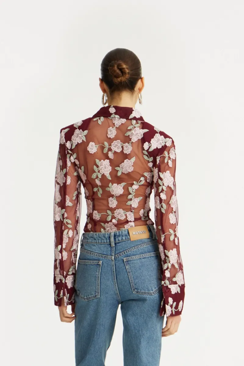 Tops-ROTATE Birger Christensen Mesh Fitted Shirt Bordeaux Flower Print Zinfandel Comb.color