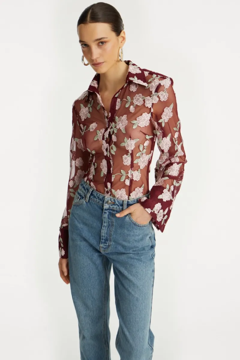 Tops-ROTATE Birger Christensen Mesh Fitted Shirt Bordeaux Flower Print Zinfandel Comb.color