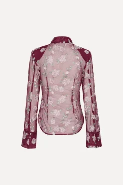Tops-ROTATE Birger Christensen Mesh Fitted Shirt Bordeaux Flower Print Zinfandel Comb.color