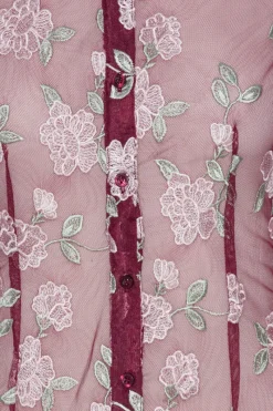 Tops-ROTATE Birger Christensen Mesh Fitted Shirt Bordeaux Flower Print Zinfandel Comb.color