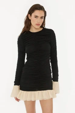 Mini Dresses|Dresses-ROTATE Birger Christensen Mini Ruched Ls Dress Black 1000 Black Comb. color