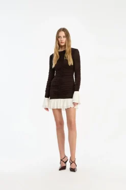 Mini Dresses|Dresses-ROTATE Birger Christensen Mini Ruched Ls Dress Dark Brown CHICORY COFFEE color