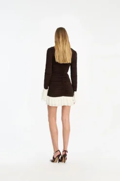 Mini Dresses|Dresses-ROTATE Birger Christensen Mini Ruched Ls Dress Dark Brown CHICORY COFFEE color