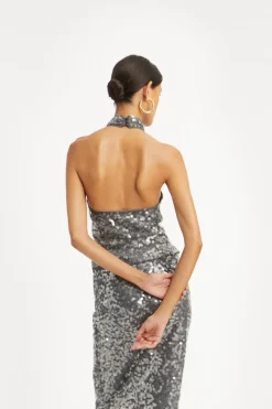 Tops-ROTATE Birger Christensen Net Sequin Halterneck Dark Grey BlackenedPearl (Dark Gray) color