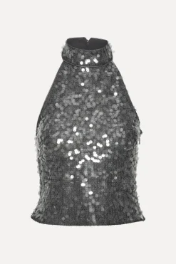 Tops-ROTATE Birger Christensen Net Sequin Halterneck Dark Grey BlackenedPearl (Dark Gray) color