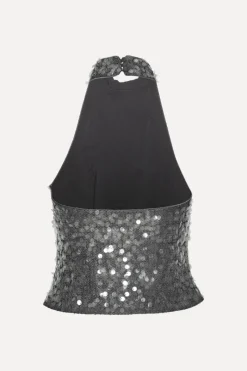 Tops-ROTATE Birger Christensen Net Sequin Halterneck Dark Grey BlackenedPearl (Dark Gray) color