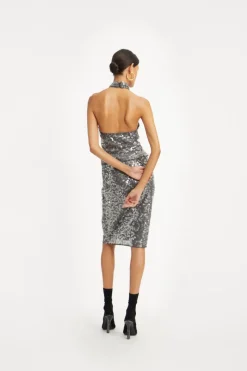 Skirts-ROTATE Birger Christensen Net Sequin Midi Skirt Dark Grey BlackenedPearl (Dark Gray) color