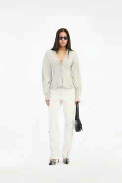 Tops|Knitwear-ROTATE Birger Christensen Peplum Knit Cardigan Grey Melange Pumice Stone color