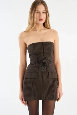 Mini Dresses|Tops-ROTATE Birger Christensen Pinstripe Belted Long Top Dark Brown Chicory Coffee Comb. color