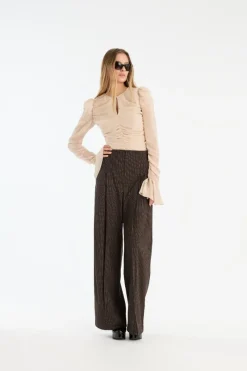 Pants-ROTATE Birger Christensen Pinstripe Wide Leg Pants Dark Brown Chicory Coffee Comb. color