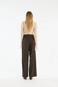 Pants-ROTATE Birger Christensen Pinstripe Wide Leg Pants Dark Brown Chicory Coffee Comb. color
