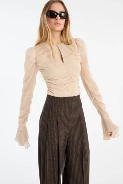 Pants-ROTATE Birger Christensen Pinstripe Wide Leg Pants Dark Brown Chicory Coffee Comb. color