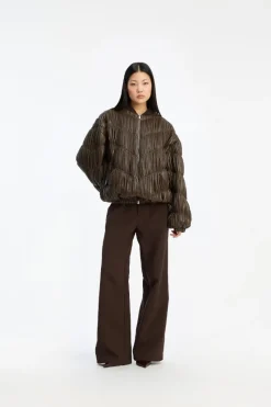 Outerwear-ROTATE Birger Christensen Pleated Bomber Jacket Dark Brown Chocolatecolor