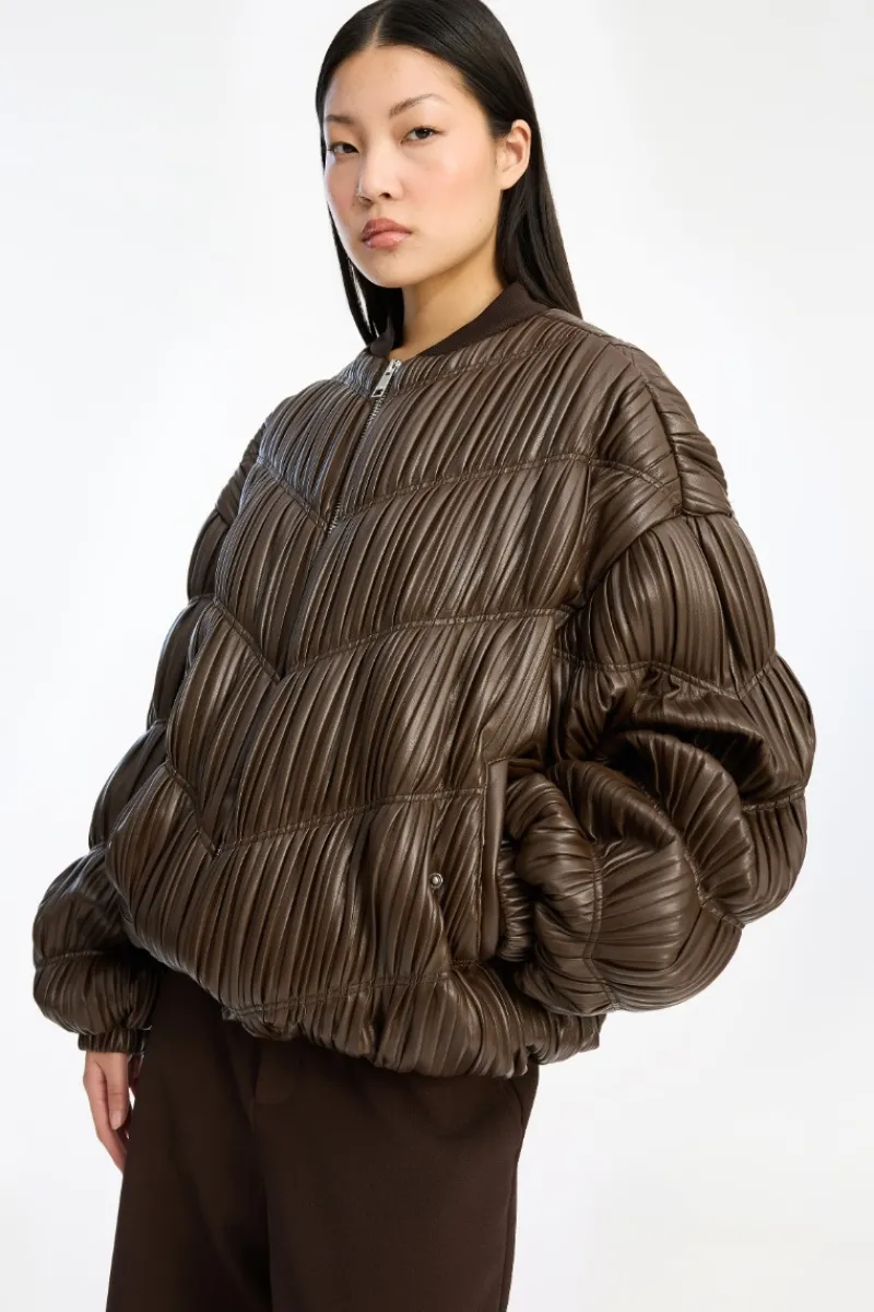 Outerwear-ROTATE Birger Christensen Pleated Bomber Jacket Dark Brown Chocolatecolor